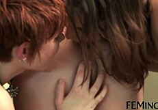 Feminge 4K features intense lesbian orgy with mature blonde, teen, and stunning brunette scissoring