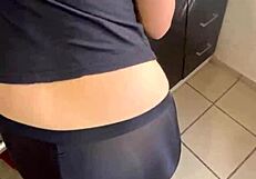 Whoa! Rubbing Until Cum Explodes on Latina Maid's Leggings in Homemade Clip