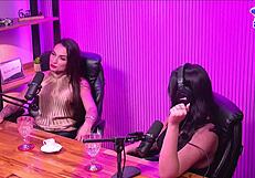 Bisexual lesbian in lingerie reaches orgasm naked in studio