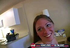 Amateur Brunette Babe Feels Pleasure Jerking Off Cock Until Cum