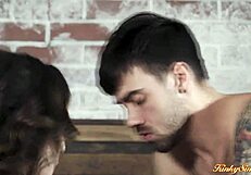 Brunette girlfriend allows boyfriend to have sex with her while giving a blow job to their friend