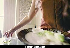 Teen slurps stepdad’s big cock under table at familycum