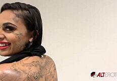Busty Tattooed Brunette Genevieve Sinn Shares Backstage Interview Details About Her Erotic Ass And Big Tits.