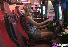 fringe-haired babe lilly luck in tight dress playing