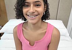 this super petite 18+ blonde 18 yr old with a trimmed pussy sucks and fucks