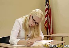 Blonde Teen's Ass Explored By Lesbian With Toys For First Time