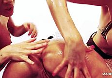 three big tits lesbians in food fetish lick and toy play.