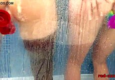 red and lucy enjoy fucking toys in the shower with big tits