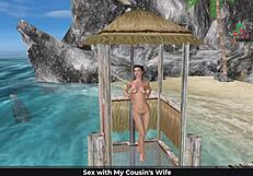 English audio story with animated 3d cartoon of cute girl posing on the beach and showering.