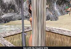 English audio story with animated 3d cartoon of cute girl posing on the beach and showering.