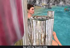 English audio story with animated 3d cartoon of cute girl posing on the beach and showering.