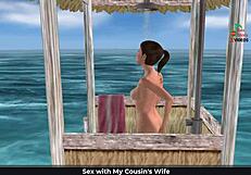 English audio story with animated 3d cartoon of cute girl posing on the beach and showering.