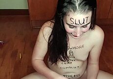 Self Degrading Slut Eats Piss Covered Fruits with Body Writing