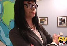 posh woman and redhead teen in fake hostel threesome 😏