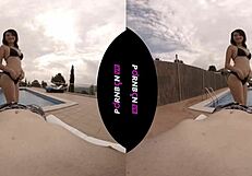 Young Latina neighbor enters pool for outdoor POV sex