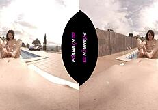 Young Latina neighbor enters pool for outdoor POV sex