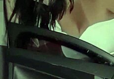 Masturbating for stranger through car window, quick fingering pussy and ass