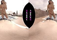 Young Latina neighbor enters pool for outdoor POV sex