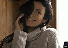 Perfect brunette babe undresses in outdoor striptease, showing big tits and ass