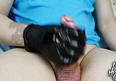 Oiled Latex Handjob on Huge Cock