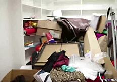 Mature milf gives handjob to young man's large cock.