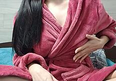 Babe masturbates with fingering to orgasm, showing big wet tits