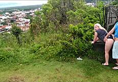 african blonde slut bent over for public doggystyle blowjob in park