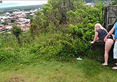 african blonde slut bent over for public doggystyle blowjob in park