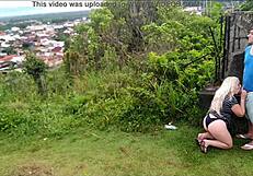 african blonde slut bent over for public doggystyle blowjob in park