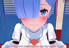 Rem gives boobjob and sucks cock in POV, big boobs maid fantasy