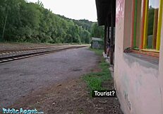 public agent mia trejsi teases pussy with dildo outdoors