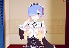 Rem gives boobjob and sucks cock in POV, big boobs maid fantasy