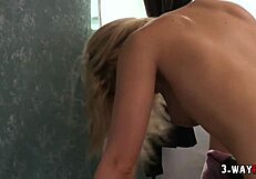 Big ass and big tits babes engage in intense 3-way ffm threesome with tattoos.