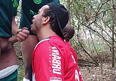 Roludos and machos have fun in outdoor amateur scene in the woods.