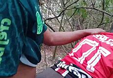 Roludos and machos have fun in outdoor amateur scene in the woods.