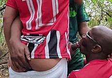 Roludos and machos have fun in outdoor amateur scene in the woods.