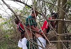 Roludos and machos have fun in outdoor amateur scene in the woods.