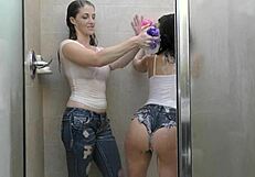 Horny amateurs with big tits and juicy asses get soaked in bath