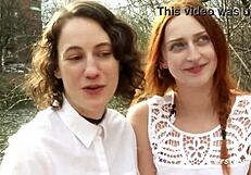 Amateur lesbians lick hairy pussies and share double dildo in wet cunilingus.