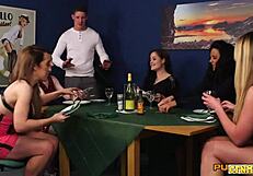 These naughty femdom chicks suck and handjob cocks in group