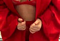 Brunette In Red Lingerie Plays With Herself