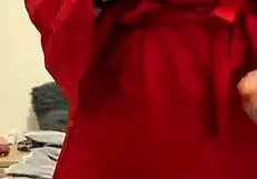 Brunette In Red Lingerie Plays With Herself