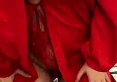 Brunette In Red Lingerie Plays With Herself