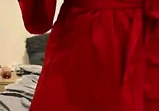 Brunette In Red Lingerie Plays With Herself