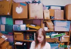 Doll-like teen 18+ gets choked and deepthroated by fake shop manager on table