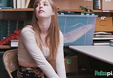 Doll-like teen 18+ gets choked and deepthroated by fake shop manager on table