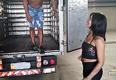 Young girl contrasts small body with big cocks in truck gangbang