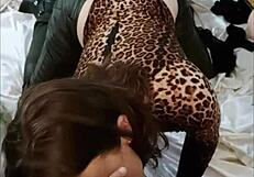 French amateur in black leather pants rims and doggystyles passionately