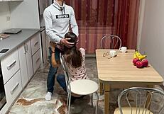 Russian girlfriend sucks and fucks in kitchen for huge cumshot on ass