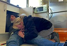 hot wife blowjob to the plumber in the kitchen with cum in mounth